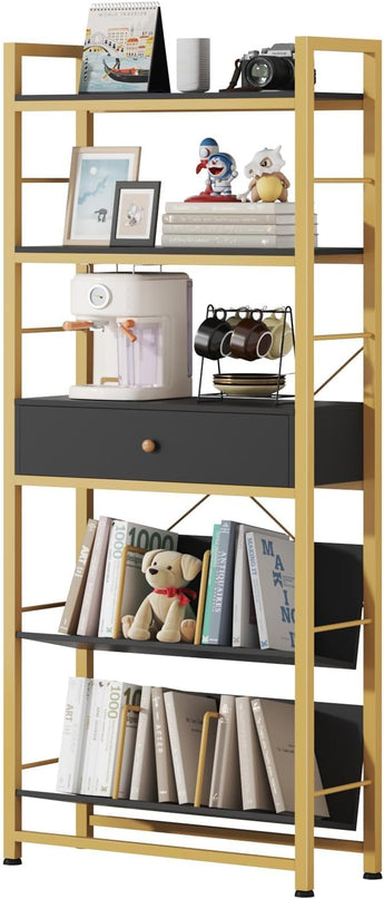 Bookshelf with Drawers- 60'' Wide Industrial Book Shelf with Bookend, 5 Tiers Tall Storage Shelves, Steel Frame Display Rack, Suitable for Bedroom, Office, Living Room-27'' Depth Black - LeafyLoom