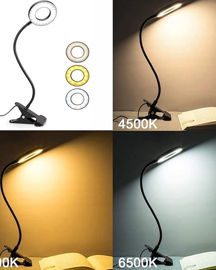 Foneso Desk Lamp Clip on Light, 48 LED USB Lamp with 3 Color Modes 10 Brightness Levels, 360° Flexible Gooseneck Eye Protection Bed Night Light for Reading, Makeup, Fill Light (Black) - LeafyLoom