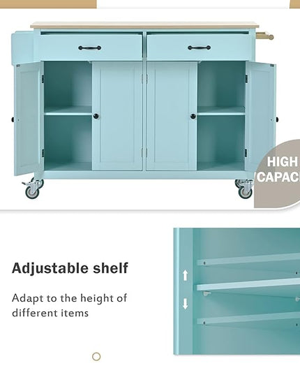 Solid Wood Top, Mobile Carts with Storage Cabinet, Rolling Kitchen Table w/Spice, Towel Rack, and Drawer, Portable Islands on Wheels, Mint Green, 54.33 Inch - LeafyLoom