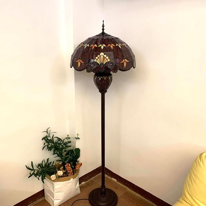 Bieye L10887 Baroque Tiffany Style Stained Glass Double Lit Floor Lamp for Home Decor 64-inch Tall (20-inch Wide, Red) - LeafyLoom