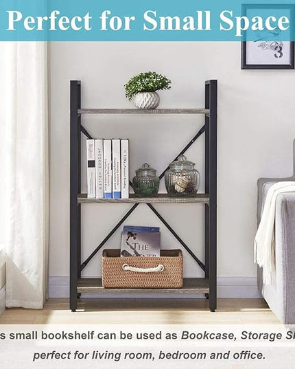 BON AUGURE 3 Tier Bookshelf, Small Rustic Book shelf, Short Industrial Wood Metal Standing Bookcase Etagere for Office, Bedroom and Living Room (Dark Gray Oak) - LeafyLoom
