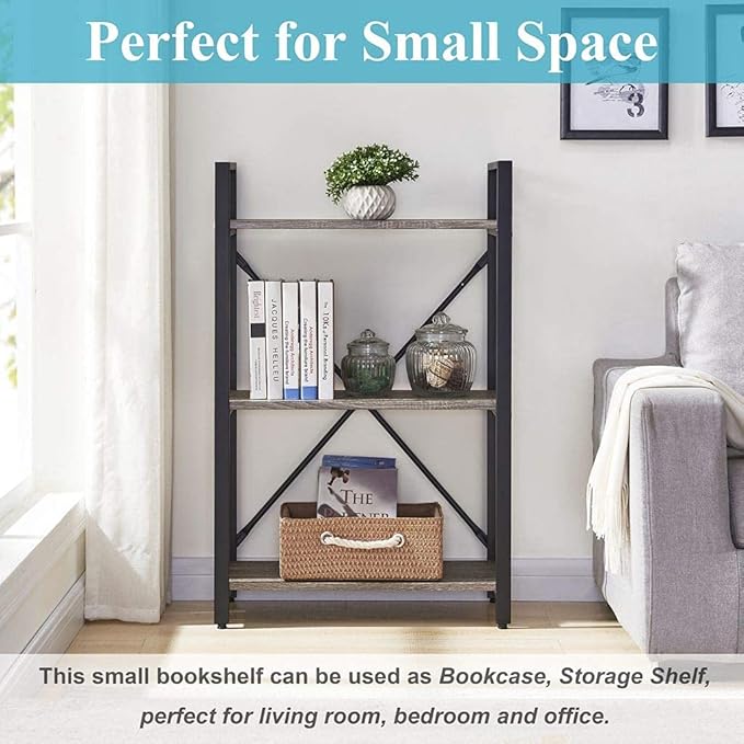 BON AUGURE 3 Tier Bookshelf, Small Rustic Book shelf, Short Industrial Wood Metal Standing Bookcase Etagere for Office, Bedroom and Living Room (Dark Gray Oak) - LeafyLoom