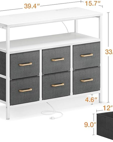 AODK TV Stand with Power Outlet, 40" Long TV Stand with 6 Large Fabric Drawers, Entertainment Center with Open Shelves for 55 Inch TV, Living Room, White and Light Grey - LeafyLoom