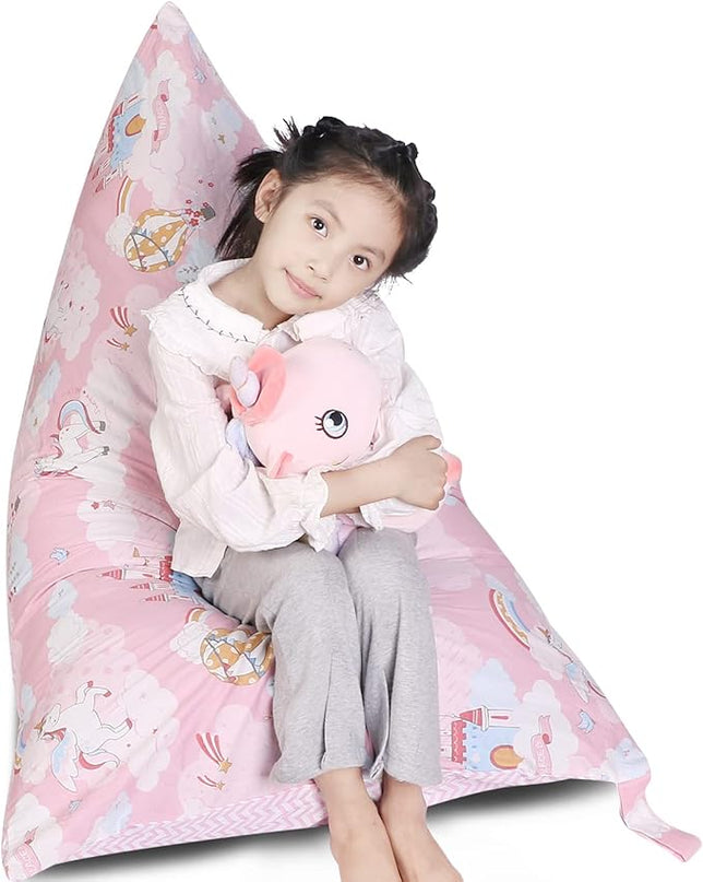 Stuffed Animal Storage Bean Bag Chair Cover, Cotton Pink Unicorn Plush Toy Storage Stuff and Sit Seat for Kids/Teens/Adults, 52" x 31" Extra Large Triangle Floor Sofa, 200L/52Gal, Cover Only - LeafyLoom