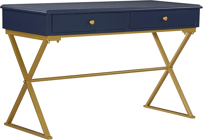Linon Campaign Desk Navy with Gold Legs, Blue - LeafyLoom
