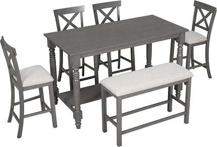 6-Piece Wood Counter Height Dining Set, Rectangular Table with Shelf, 4 Chairs and Bench for Kitchen, Breakfast Nook, Living Room, Gray, 60" L x 29.5" W x 36" H - LeafyLoom