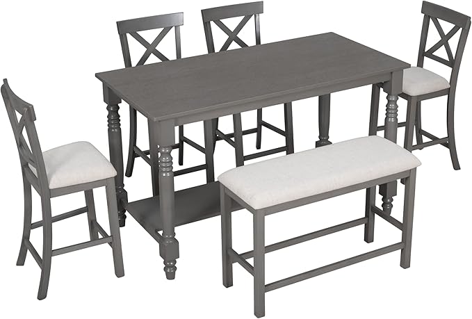 6-Piece Wood Counter Height Dining Set, Rectangular Table with Shelf, 4 Chairs and Bench for Kitchen, Breakfast Nook, Living Room, Gray, 60" L x 29.5" W x 36" H - LeafyLoom