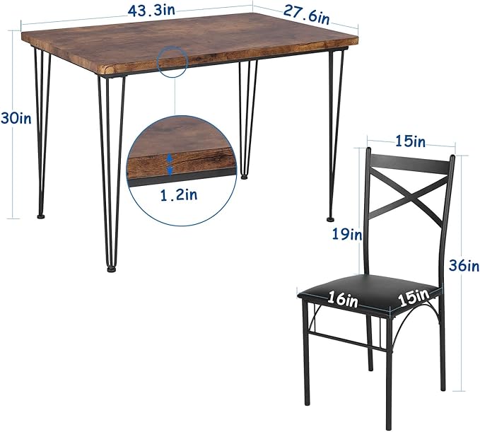VECELO Kitchen Dining Room Table 4 Chairs for Small Space, Apartment,Metal Steel Frame, 5-Piece Set, Brown - LeafyLoom