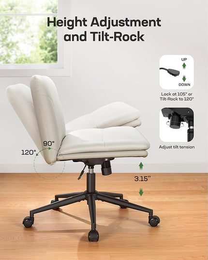 Marsail Armless-Office Desk Chair with Wheels: PU Leather Cross Legged Wide Chair,Comfortable Adjustable Swivel Computer Task Chairs for Home,Office,Make Up,Small Space,Bed Room(Beige) - LeafyLoom