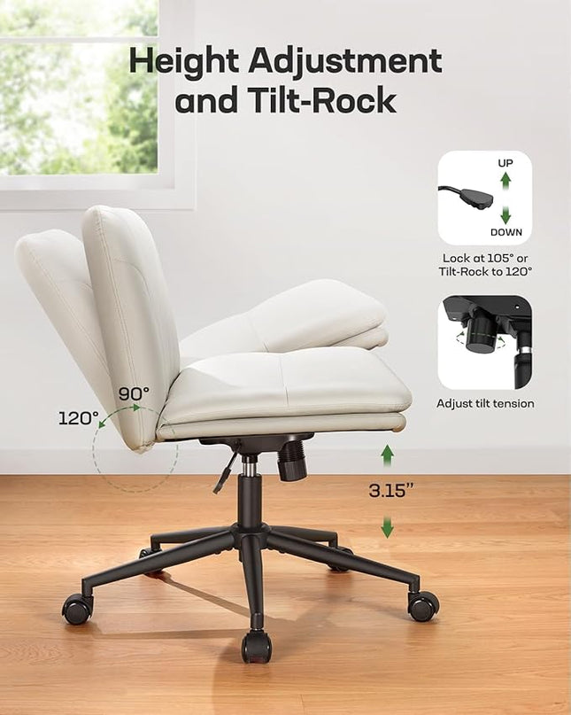 Marsail Armless-Office Desk Chair with Wheels: PU Leather Cross Legged Wide Chair,Comfortable Adjustable Swivel Computer Task Chairs for Home,Office,Make Up,Small Space,Bed Room(Beige) - LeafyLoom