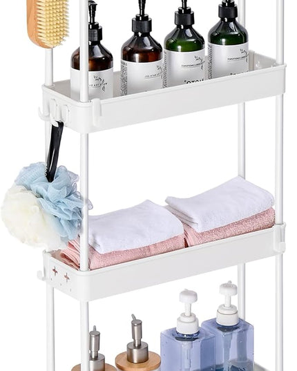 TOOLF Slim Rolling Storage Cart, 4 Tier Bathroom Organizer, Skinny Rolling Utility Cart on Wheels with Hooks, Mobile Shelving Unit Organizer for Kitchen, Bathroom, Laundry, Narrow Places, White - LeafyLoom