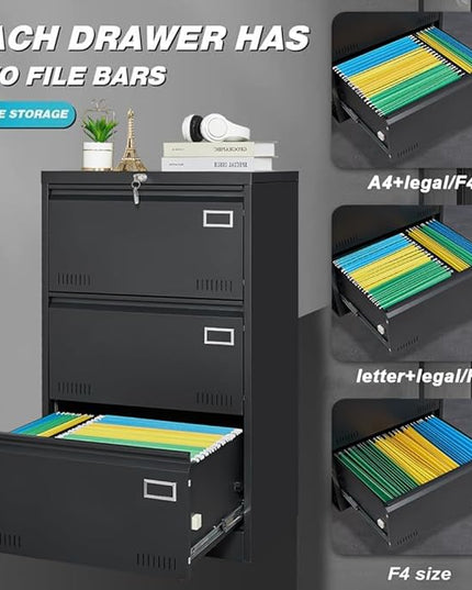 3 Drawer Lateral Lock and Card Holder, Multifunctional Metal Filing Cabinets w/Heavy 3 Section Slide Rail & Breathable Holes,for Legal/Letter/A4,Black - LeafyLoom