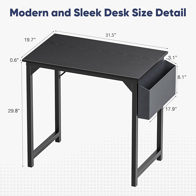 STATESVILLE 32 inch Small Computer Desk Writing Study Work Office Table Modern Simple with Storage Bag and Hook for Home Bedroom, Black - LeafyLoom