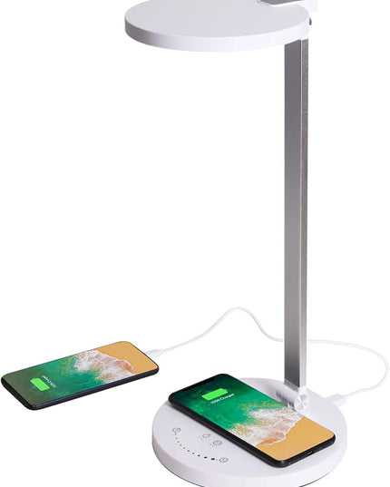 LED Desk Lamp Wireless Charger, Aluminum Dimmable Eye-Caring Table Lamp with 5 Lighting Models with 5 Brightness Levels, Touch Control and Memory Function, USB Charging Port, 8W, White…… - LeafyLoom