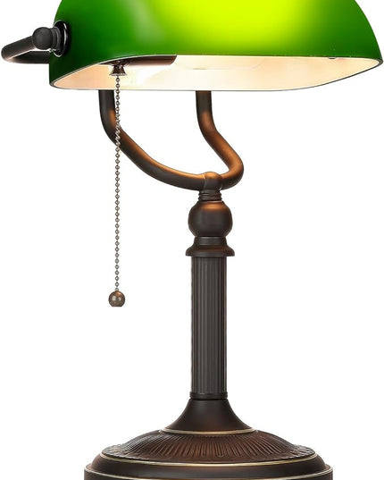 Newrays Antique Green Glass Bankers Desk Lamp with Pull Chain Switch Plug in Fixture - LeafyLoom