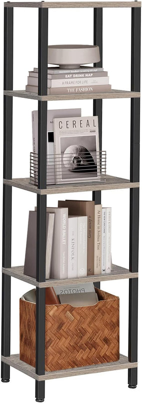 TUTOTAK Bookshelf, 5-Tier Tall Book Shelf, Narrow Bookcase for Small Space, DIY Stackable Bookshelf, for Living Room, Office, Study, Entryway, Industrial, Greige and Black BS01BG005 - LeafyLoom
