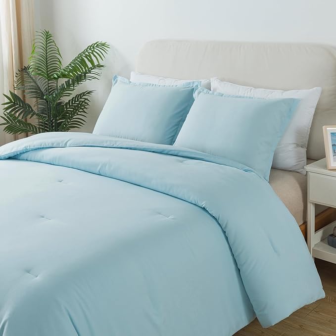 Queen Baby Blue Comforter Set, Solid Lightweight Skin-friendly Boho Bedding Set & Collections, Breathable Fluffy Microfiber 3 PCS (90"x90") Comforter Set for All Seasons with Pillowcases - LeafyLoom
