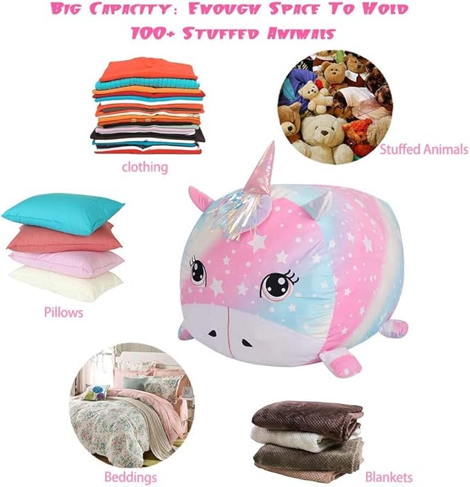 Unicorn Stuffed Animal Storage for Teens Girls Bedroom, Kids Bean Bag Chairs, Super Soft Velvet Fabric Large Size Covers Only - LeafyLoom