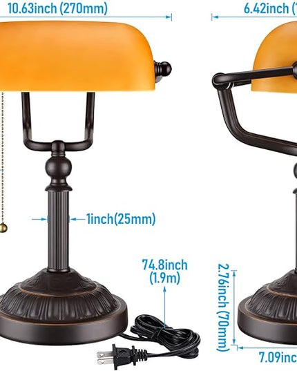 TORCHSTAR Bankers Desk Lamp with Pull Chain Switch, Amber Glass Shade Desk Lamps, Bronze Base, UL Listed, E26 Base, Vintage Library Lamp for Office, Study Room(Matted Orange) - LeafyLoom