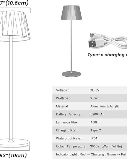 Modern LED Cordless Waterproof Table Lamp,5200mAh Touch Dimmable Desk Lamp,Rechargeable Battery Powered Night Light for Indoor/Outdoor Dining (Silver, 3000K, Warm White) - LeafyLoom
