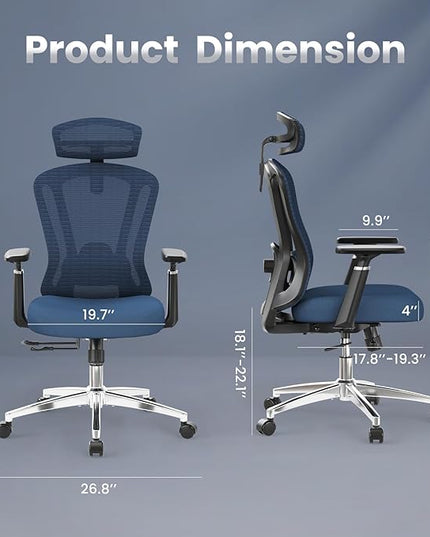 Farini Office Chair Ergonomic Desk Chair, High Back Office Chair with Wheels, Home Office Chair for Heavy People, Office Chair Adjustable Seat Depth, 3D Armrests and Adjustable Headrest, Blue - LeafyLoom