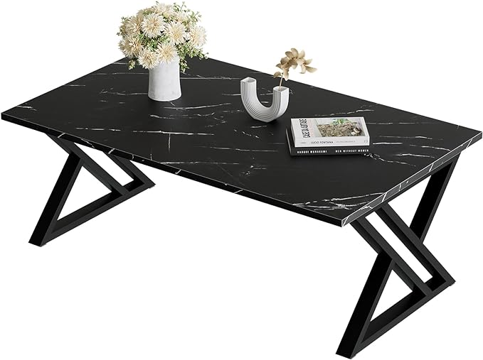 Coffee Table Living Room Table Black Center Table, Simple Modern Faux Marble Rectangular Tea Table with Sturdy Black-Finished Metal Frame,Industrial Wooden Coffee Table for Bedroom Home Office - LeafyLoom