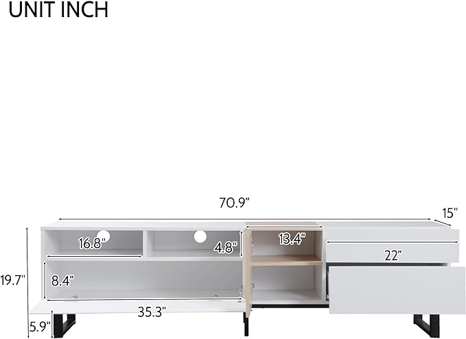 71 Inch TV Stand with Double Storage Space for TVs up to 80'', Modern TV Console with Drop Down Door, Entertainment Center for Living Room, Bedroom and Home Theatre, Wood+White - LeafyLoom