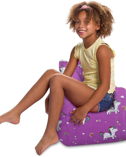 Posh Creations Structured Comfy Bean Bag Chair for Gaming, Reading, and Watching TV, Pasadena Chair, Canvas - Unicorn and Rainbows on Purple - LeafyLoom
