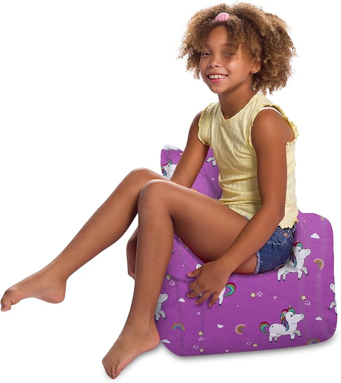 Posh Creations Structured Comfy Bean Bag Chair for Gaming, Reading, and Watching TV, Pasadena Chair, Canvas - Unicorn and Rainbows on Purple - LeafyLoom