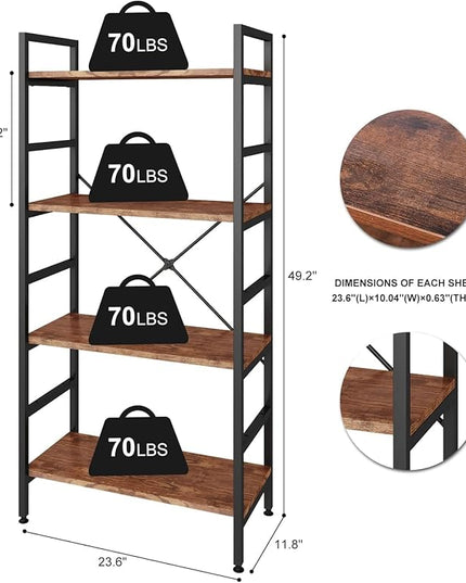 4 Tier Industrial Book Shelf,Modern Small Book Case for Books, Garage Kit, CDs, Movies, Standing BookShelves Display Rack for Bedroom/Living Room/Home Office - Rustic Brown Wood Bookcase - LeafyLoom