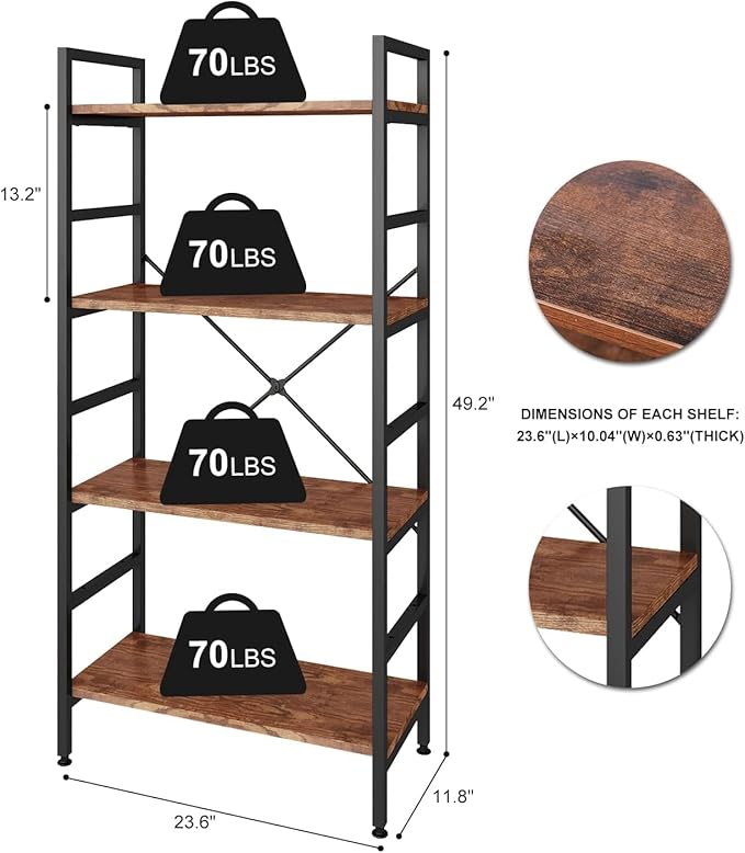 4 Tier Industrial Book Shelf,Modern Small Book Case for Books, Garage Kit, CDs, Movies, Standing BookShelves Display Rack for Bedroom/Living Room/Home Office - Rustic Brown Wood Bookcase - LeafyLoom