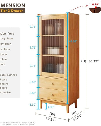 Wooden Glass Door Bookcase - 3-Tier Cube Bookshelf Storage Cabinet with Double Drawer and Adjustable Shelf, Solid Wood Legs Cupboard in Pear Yellow - LeafyLoom