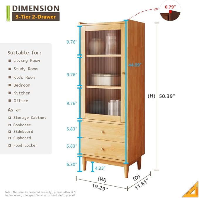 Wooden Glass Door Bookcase - 3-Tier Cube Bookshelf Storage Cabinet with Double Drawer and Adjustable Shelf, Solid Wood Legs Cupboard in Pear Yellow - LeafyLoom
