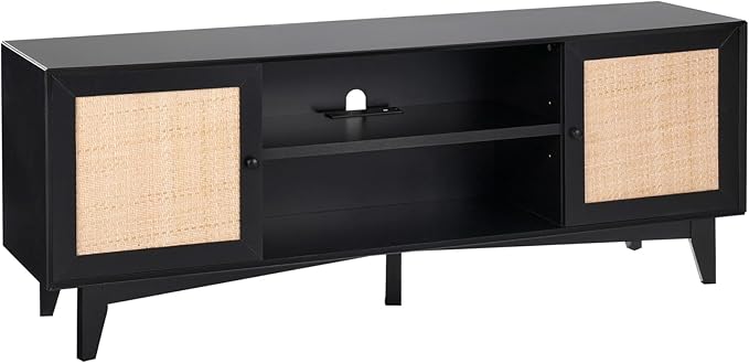 VEVOR Rattan TV Stand for 75in TV, Boho TV Stand with Rattan Door, Entertainment Center with Build-in Socket, Storage Cabinet with 2 Shelves, Modern TV Console for Living Room, Media Room, Black - LeafyLoom