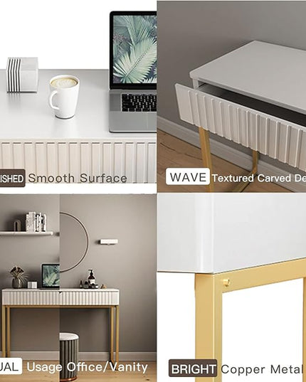 Elegant Modern Desk, 2 Drawers, Gold Legs, 43.3x15.75 inches, Home Office, Makeup Vanity, Computer, Writing, Study, Entryway, Sofa Table - LeafyLoom