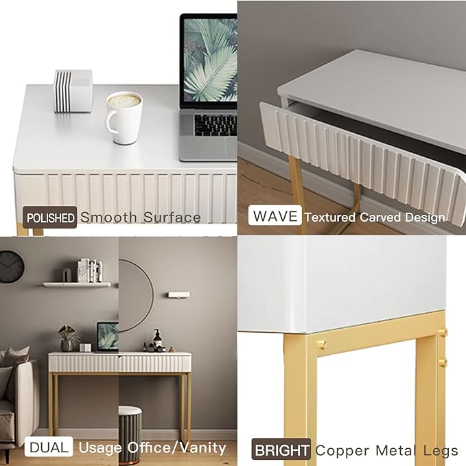 Elegant Modern Desk, 2 Drawers, Gold Legs, 43.3x15.75 inches, Home Office, Makeup Vanity, Computer, Writing, Study, Entryway, Sofa Table - LeafyLoom