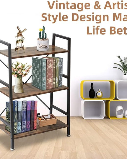 TooCust 3 Tier Bookshelf, 37" x 23" x 12.6", 3 Tier Bookcase, 3 Shelf Bookshelf, Vintage Standing Metal Frame Book Shelves, Small Bookshelf, Rustic Brown - LeafyLoom