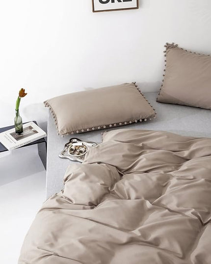 Deep Champagne Comforter Set Full Pom Pom Fringe Comforter 3 PCs Soft Taupe Boho Ball Pom Pom Full Comforter Bedding Women Men Solid Dark Khaki Full Bed Comforter Set All Season Gift - LeafyLoom