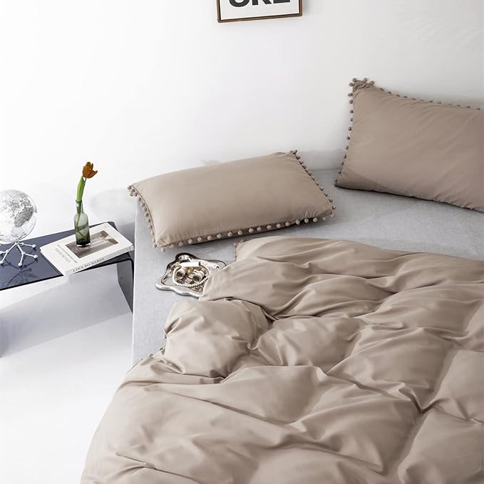 Deep Champagne Comforter Set Full Pom Pom Fringe Comforter 3 PCs Soft Taupe Boho Ball Pom Pom Full Comforter Bedding Women Men Solid Dark Khaki Full Bed Comforter Set All Season Gift - LeafyLoom