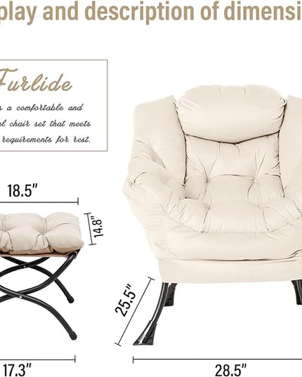 Lazy Chair with Ottoman, Modern Chair with Folding Footrest, Lounge Accent Chair, Comfortable Reading Chair, Oversized Armchairs for Bedroom, Study, Living Room, Courtyard (Beige) - LeafyLoom