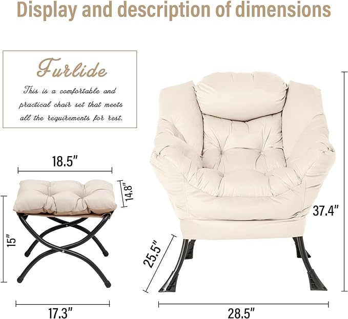 Lazy Chair with Ottoman, Modern Chair with Folding Footrest, Lounge Accent Chair, Comfortable Reading Chair, Oversized Armchairs for Bedroom, Study, Living Room, Courtyard (Beige) - LeafyLoom