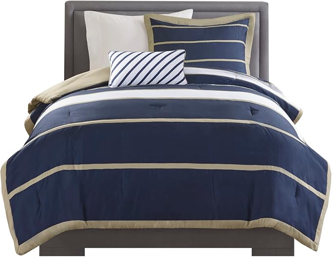 Mi Zone Ashton Casual Comforter Set, Vibrant Colorblock Design, Modern Bedding Geometric Stripes All Season Cover, Matching Shams, Decorative Pillow, Twin/Twin XL, Khaki/Navy, 3 Piece - LeafyLoom