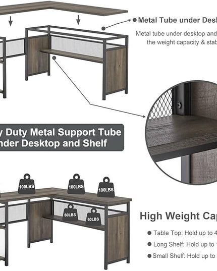 FATORRI L Shaped Computer Desk, Industrial Home Office Desk with Shelves, Reversible Wood and Metal Corner Desk (Walnut Brown, 59 Inch) - LeafyLoom