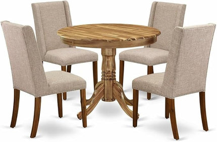 East West Furniture ANFL5-ANA-04 Antique 5 Piece Kitchen Set for 4 Includes a Round Room Table with Pedestal and 4 Light Tan Linen Fabric Parson Dining Chairs, 36x36 Inch - LeafyLoom