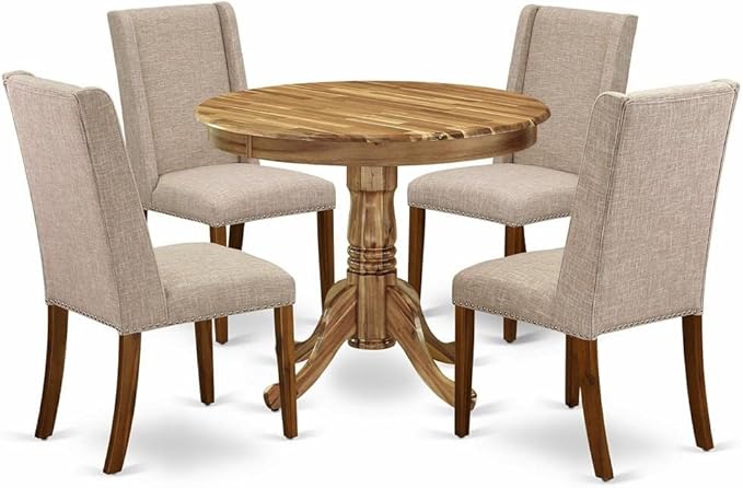 East West Furniture ANFL5-ANA-04 Antique 5 Piece Kitchen Set for 4 Includes a Round Room Table with Pedestal and 4 Light Tan Linen Fabric Parson Dining Chairs, 36x36 Inch - LeafyLoom