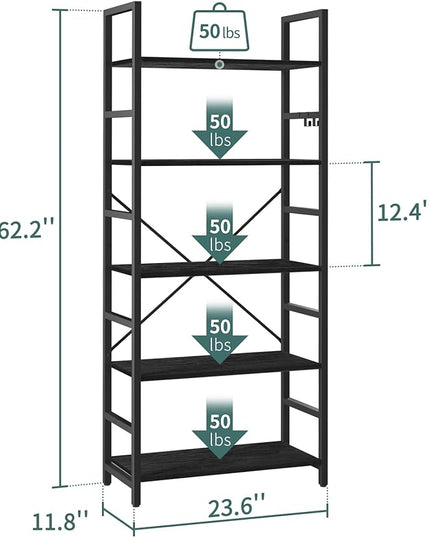 Yoobure 5 Tier Bookshelf - Tall Book Shelf Modern Bookcase for CDs/Movies/Books, Rustic Book Case Industrial Bookshelves Book Storage Organizer for Bedroom Home Office Living Room Black - LeafyLoom