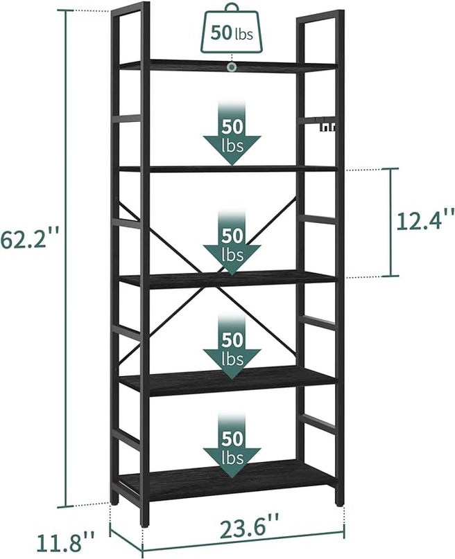 Yoobure 5 Tier Bookshelf - Tall Book Shelf Modern Bookcase for CDs/Movies/Books, Rustic Book Case Industrial Bookshelves Book Storage Organizer for Bedroom Home Office Living Room Black - LeafyLoom
