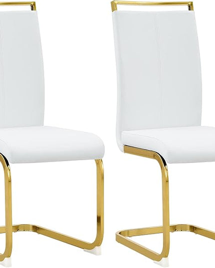 Modern Dining Chairs Set of 2, Side Dining Room Chairs with Golden Legs, Kitchen Chairs with Faux Leather Padded Seat High Back, Chairs for Dining Room,Kitchen, Living Room White - LeafyLoom