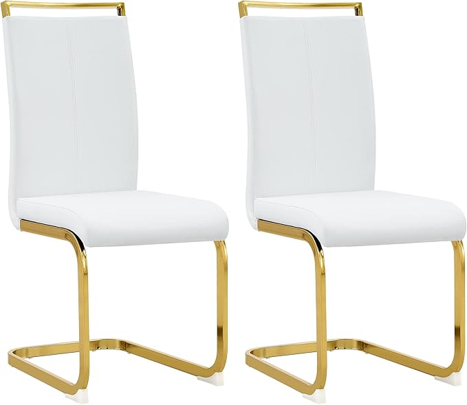Modern Dining Chairs Set of 2, Side Dining Room Chairs with Golden Legs, Kitchen Chairs with Faux Leather Padded Seat High Back, Chairs for Dining Room,Kitchen, Living Room White - LeafyLoom