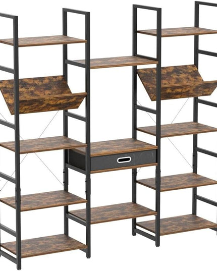 NUMENN Triple Wide 5 Tier Bookshelf, Adjustable Rustic Industrial Style Book Shelves, Modern Bookcases and Bookshelves Furniture for Bedroom, Living Room and Home Office, Vintage Brown - LeafyLoom